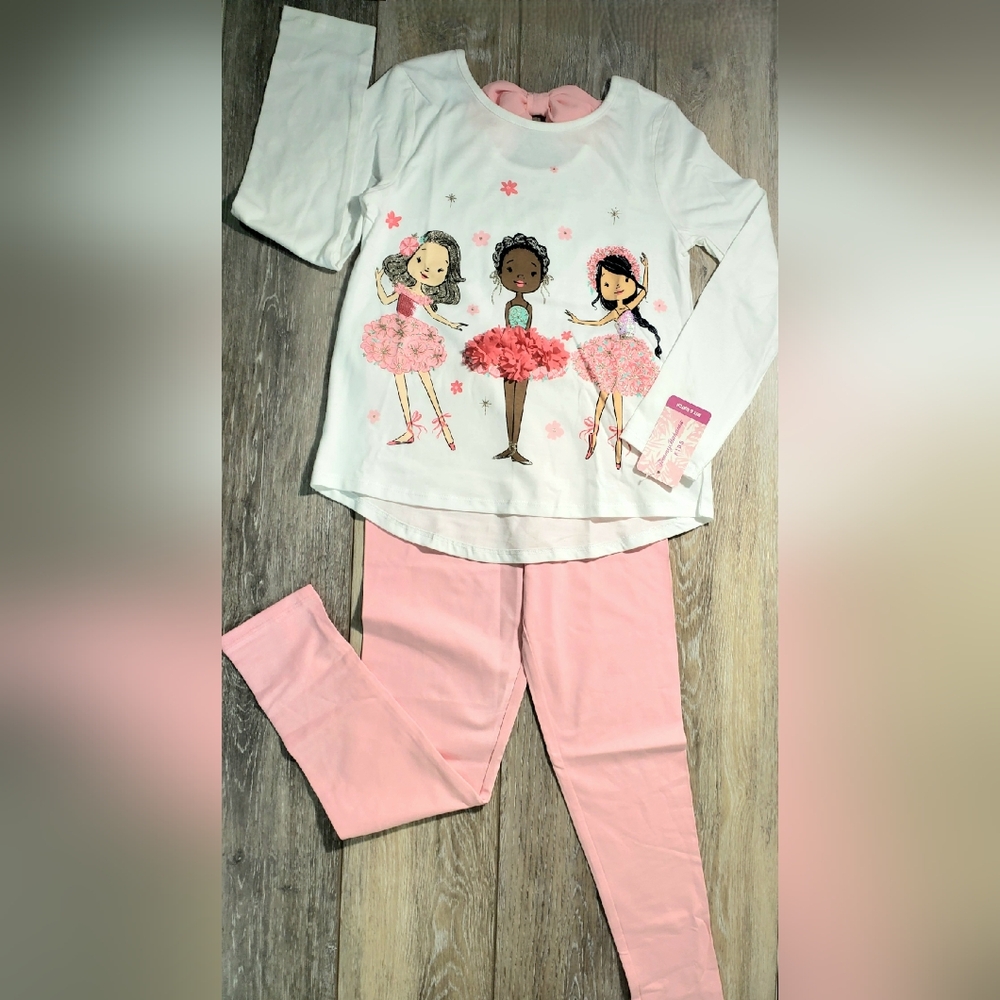Girls Pink, White Ballerina Graphic Long Sleeve Tee & Pink Leggings Set Size 7/8
